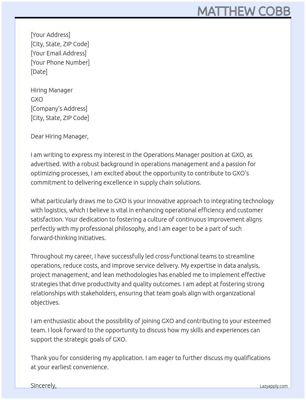 Operations Manager At GXO Cover Letter