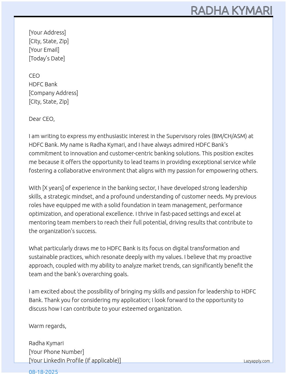 Supervisory roles- BM/CH/ASM At HDFC bank Cover Letter