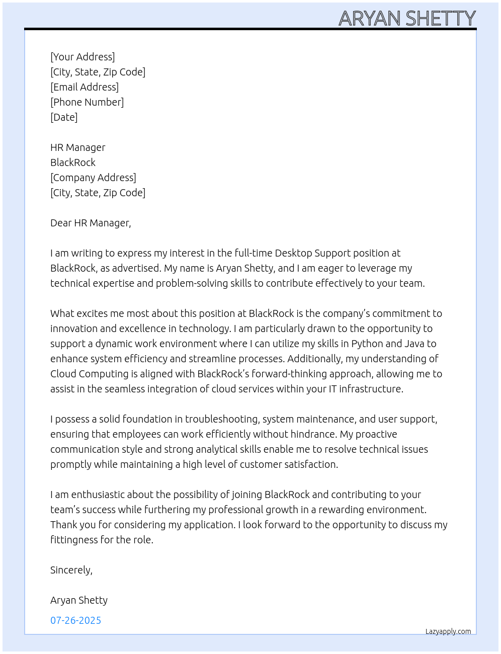 Desktop Support At BlackRock Cover Letter