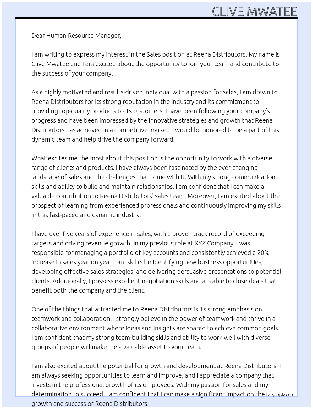 sales At Reena Distributors Cover Letter