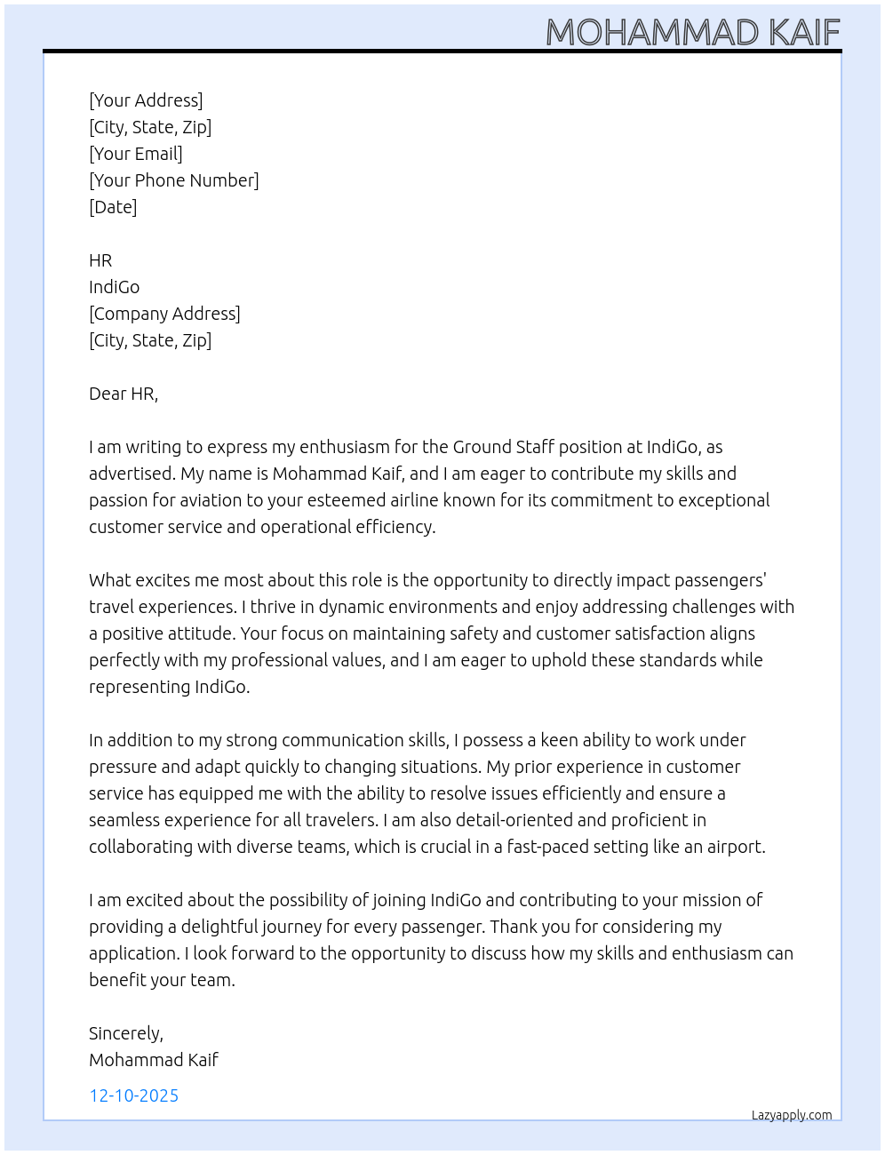 Cover letter for ground staff - LazyApply
