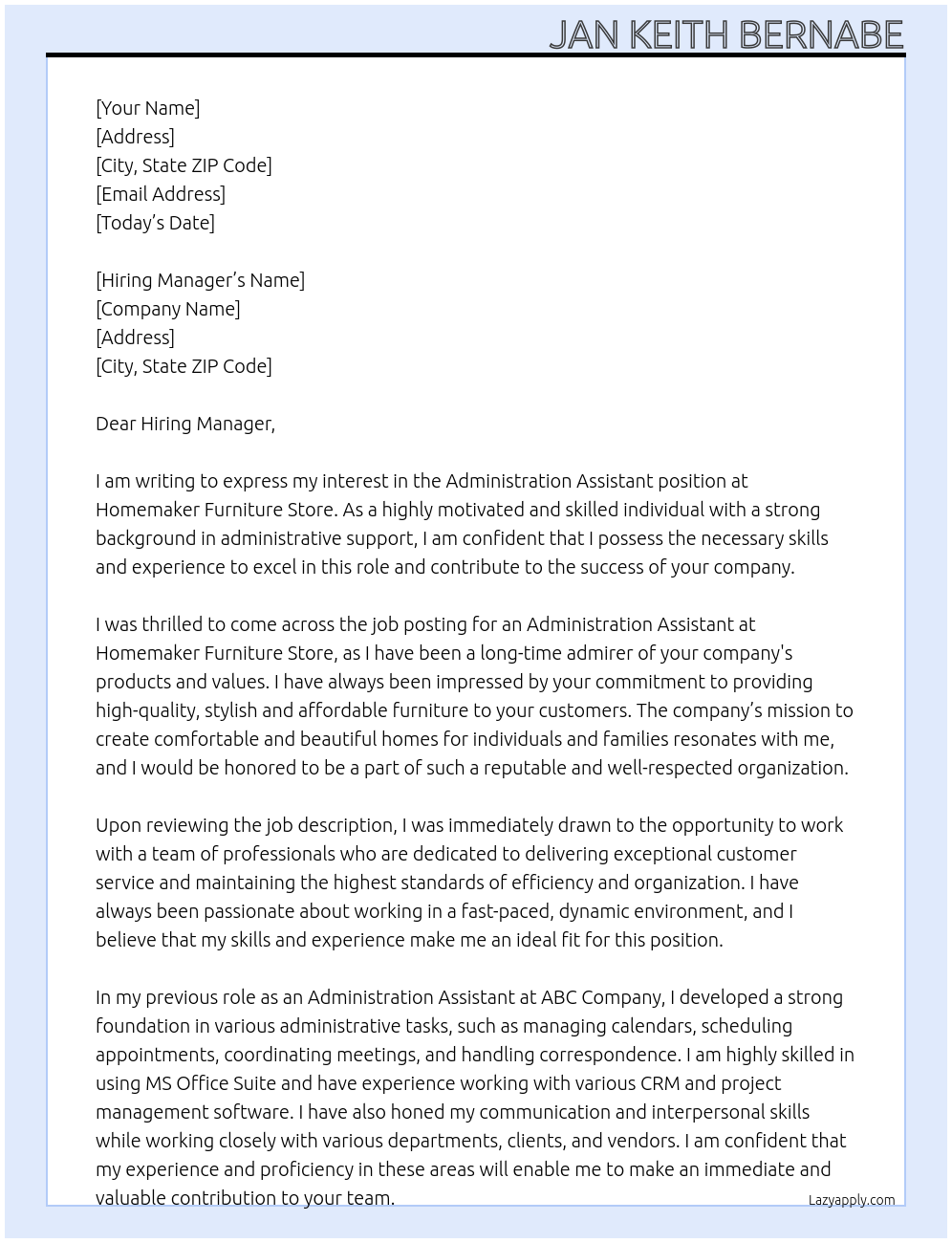 Administration Assistant At Homemaker Furniture Store Cover Letter