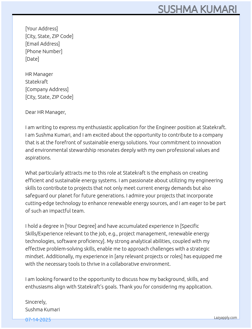 Engineer At Statekraft Cover Letter