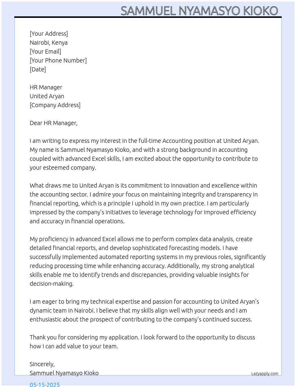 Accounting At United Aryan Cover Letter