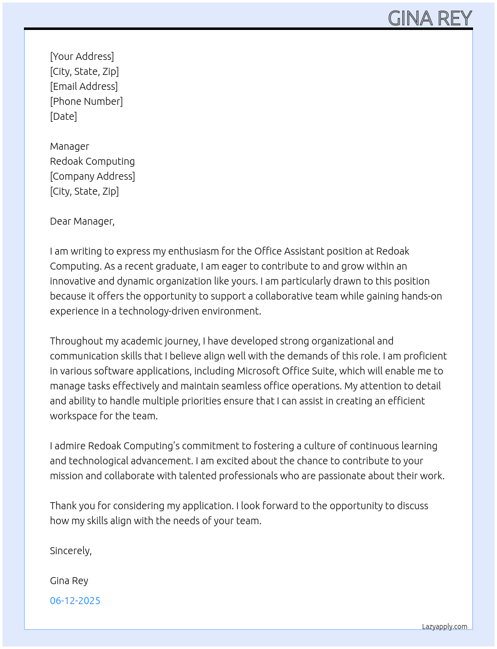 Office Assistant  At Redoak Computing Cover Letter