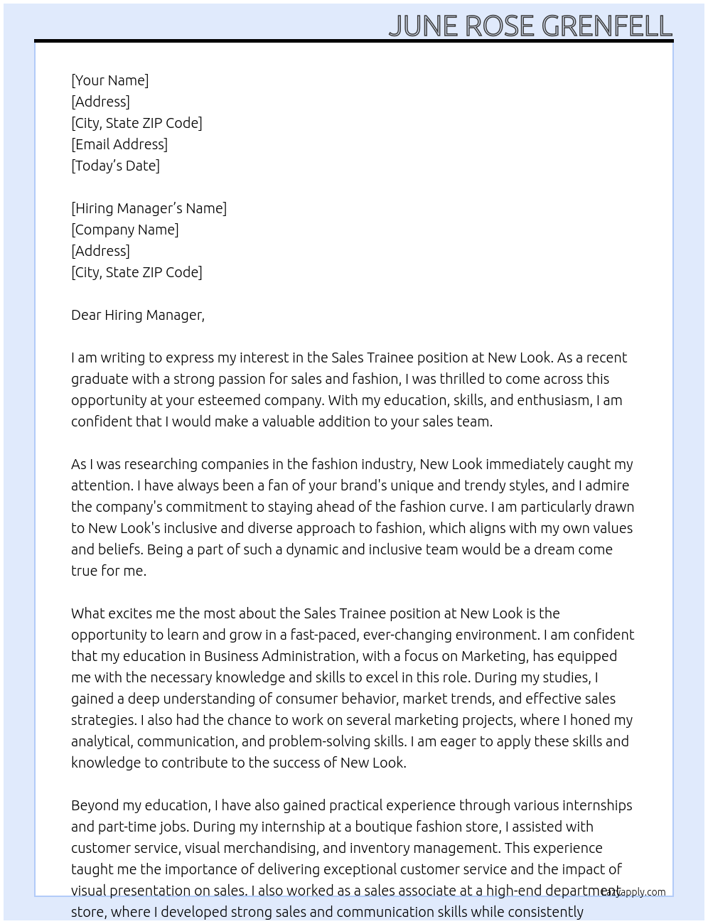 Sales Trainee At New Look  Cover Letter