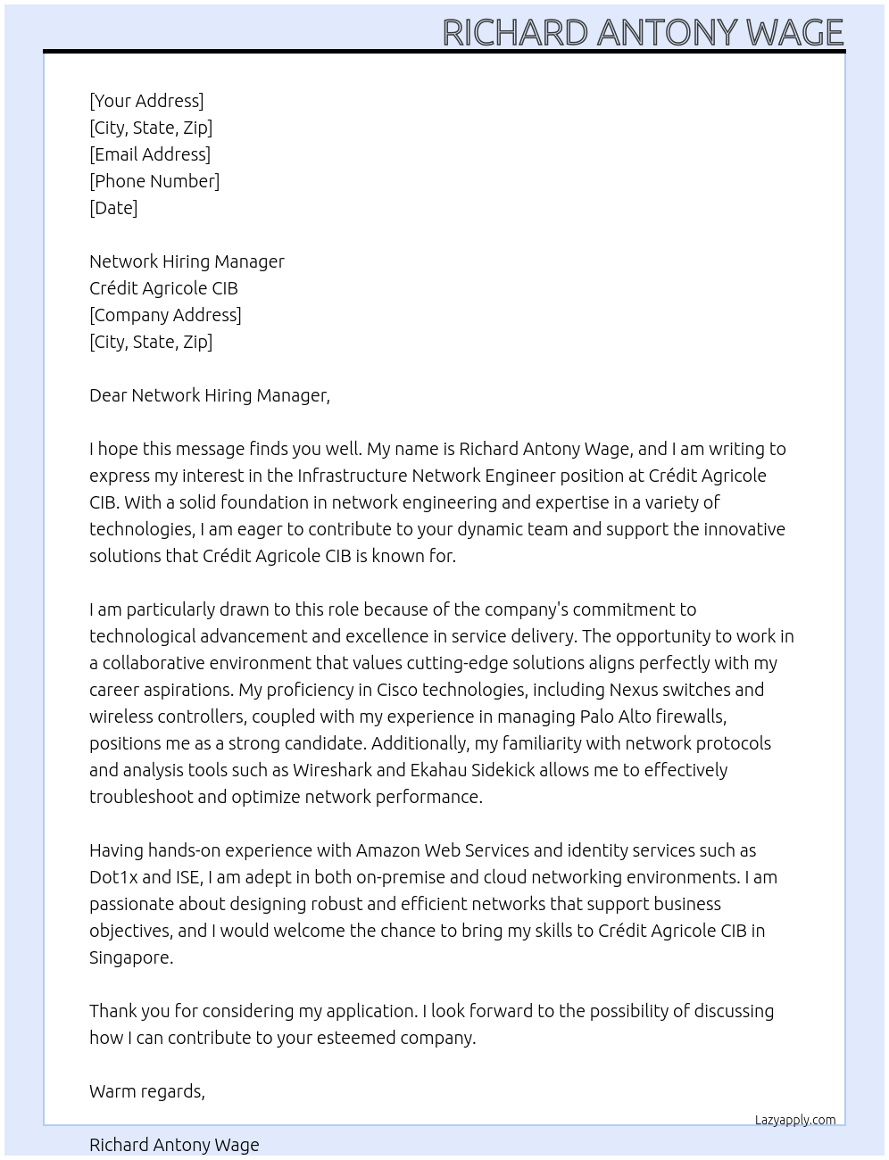 Network Engineer At Crédit Agricole CIB Cover Letter