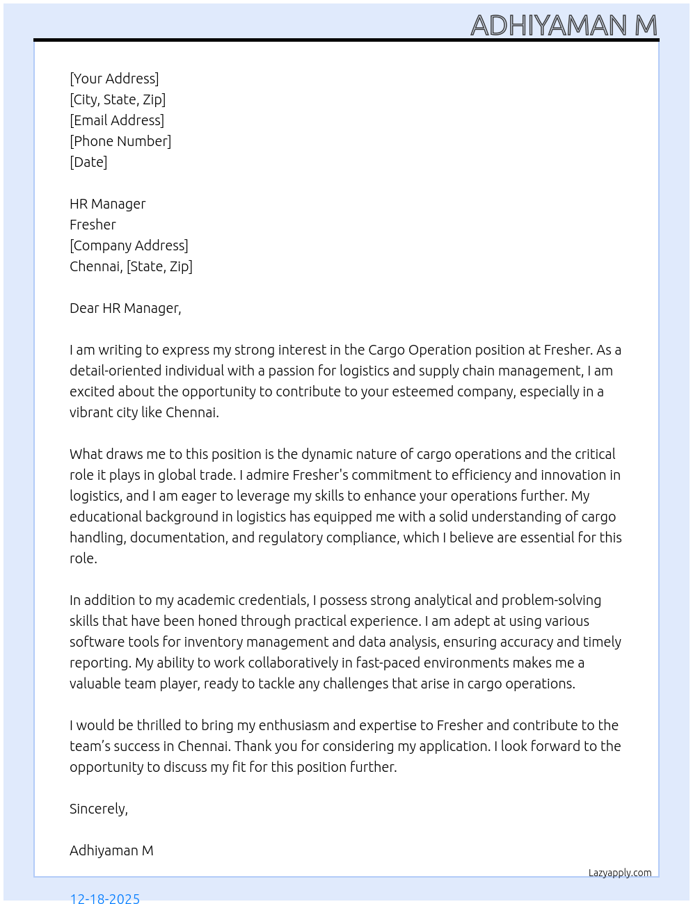 Cargo operation At Fresher  Cover Letter