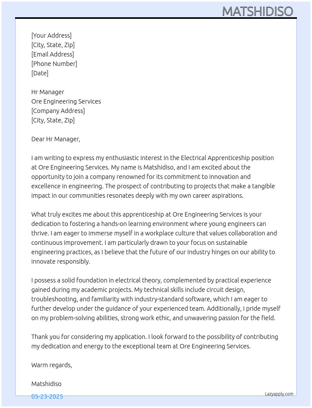 Electrical apprenticeship At Ore engineering services Cover Letter