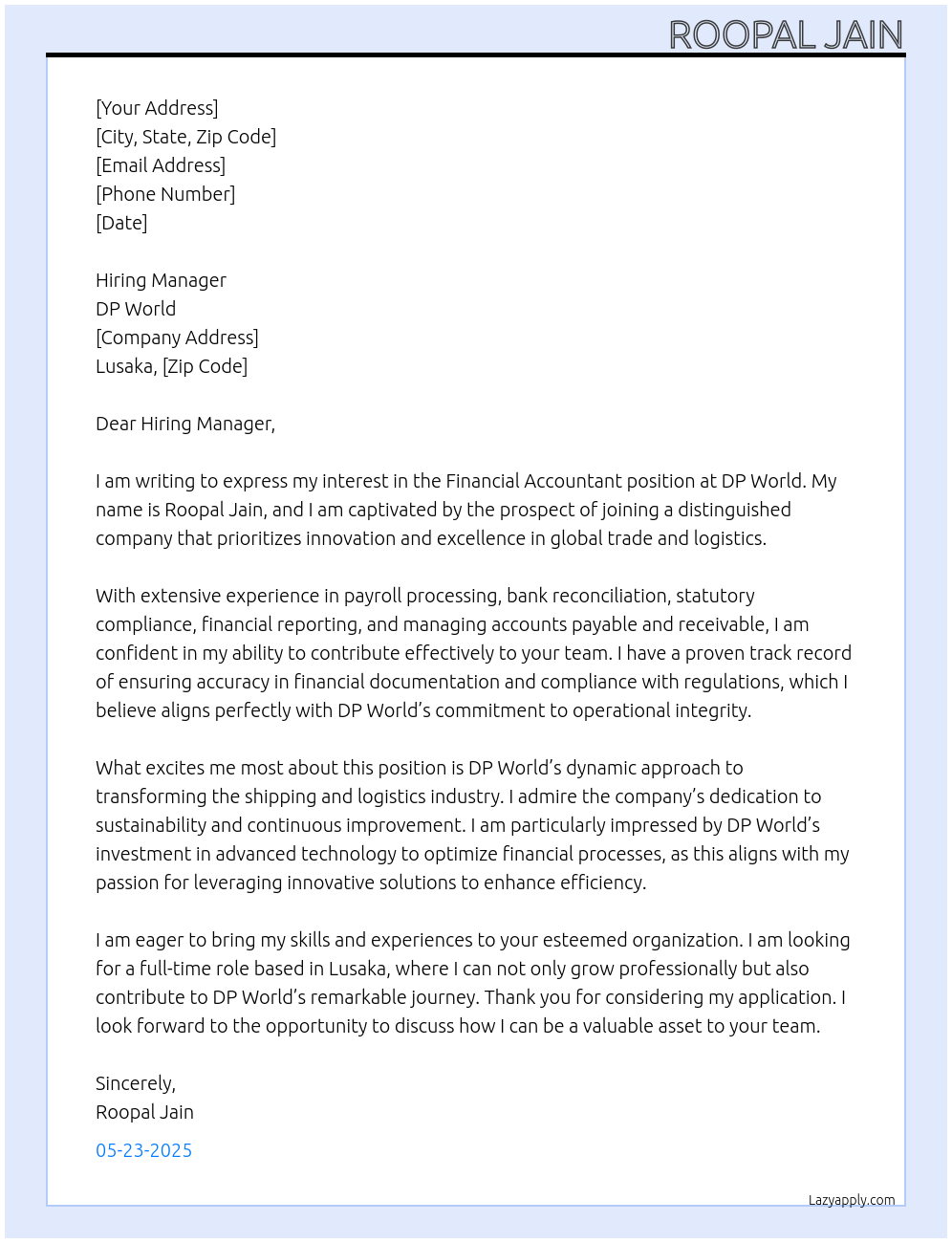 Financial Accountant At DP World Cover Letter