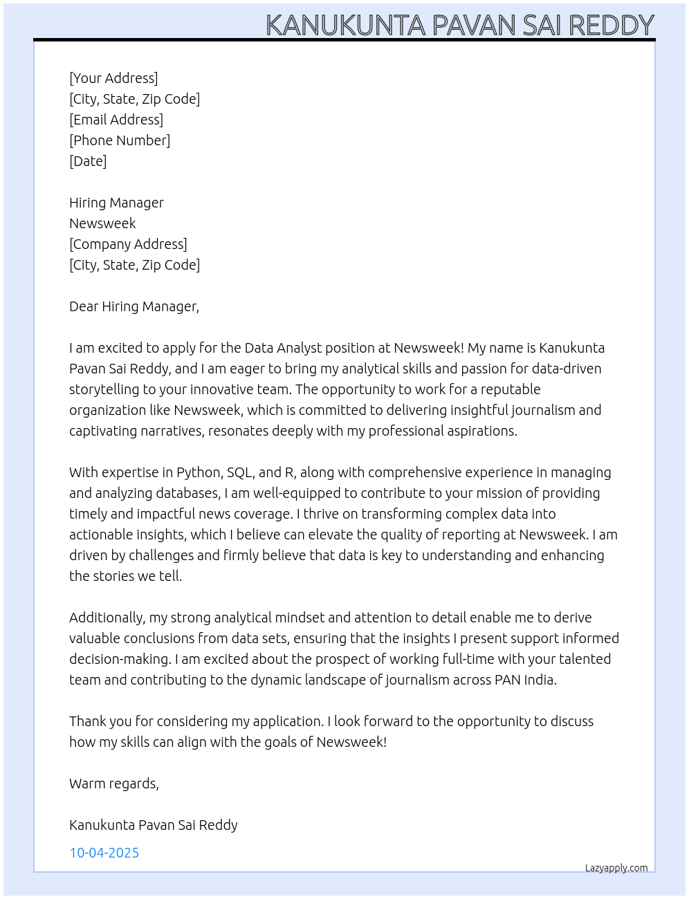 DATA ANALYST At NEWSWEEK Cover Letter