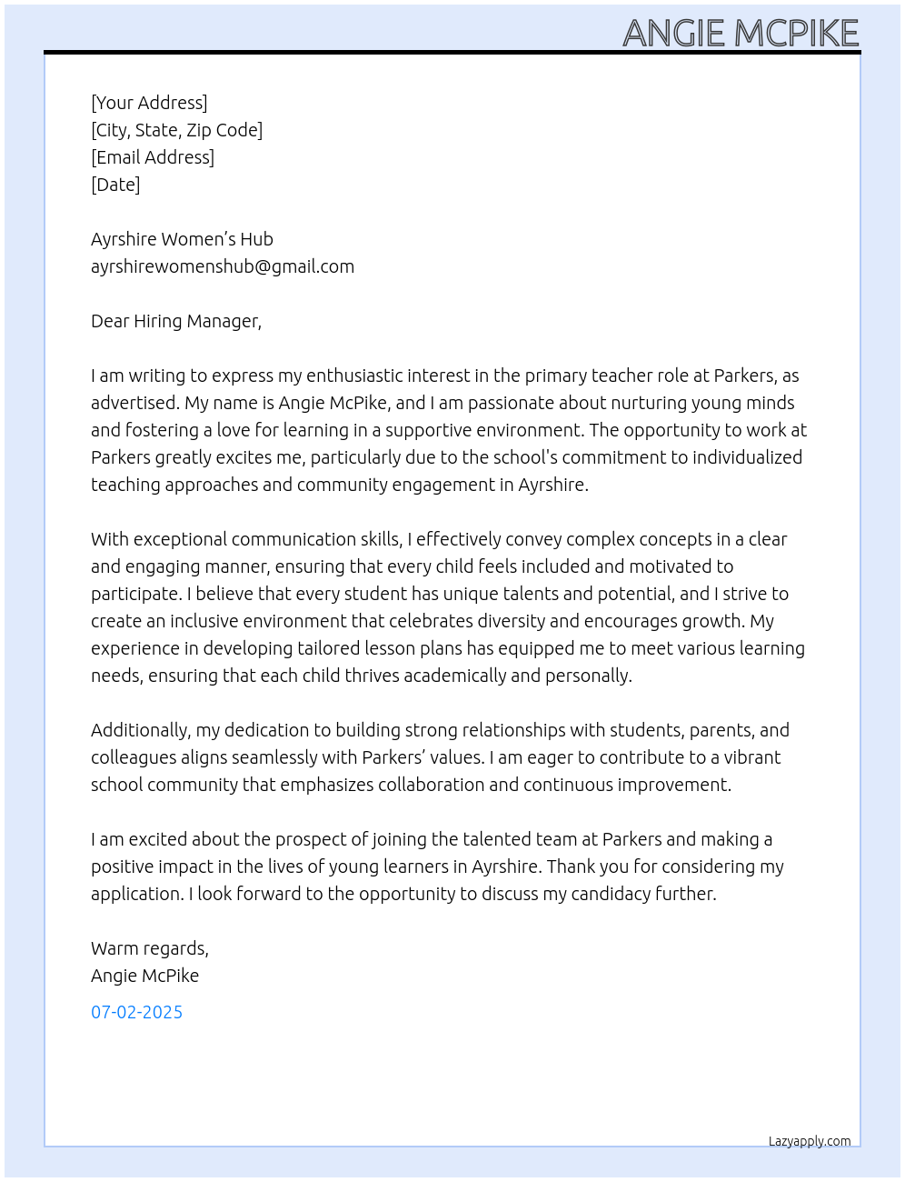 teacher At Parkers Cover Letter