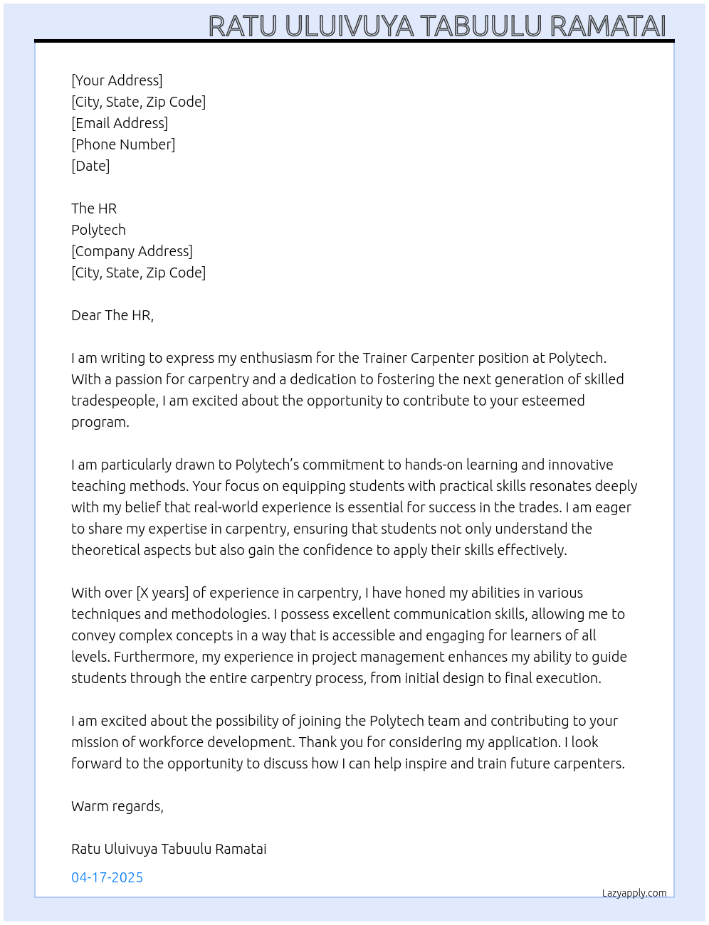 Trainer carpenter  At Polytech Cover Letter