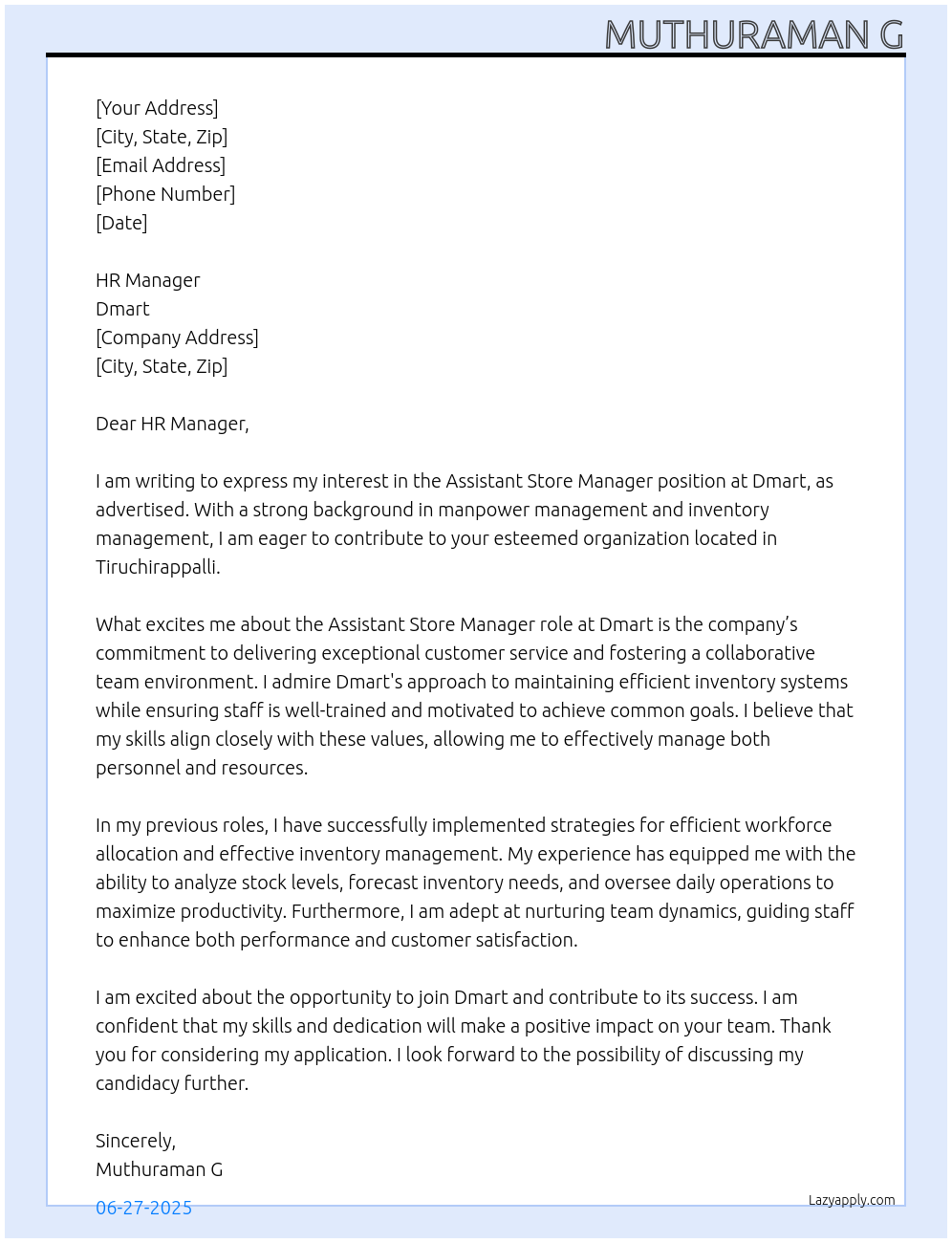 Cover letter for assistant store manager - LazyApply