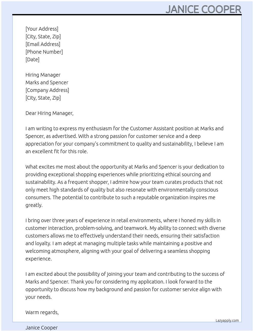 Customer assistant At Marks and spencer Cover Letter