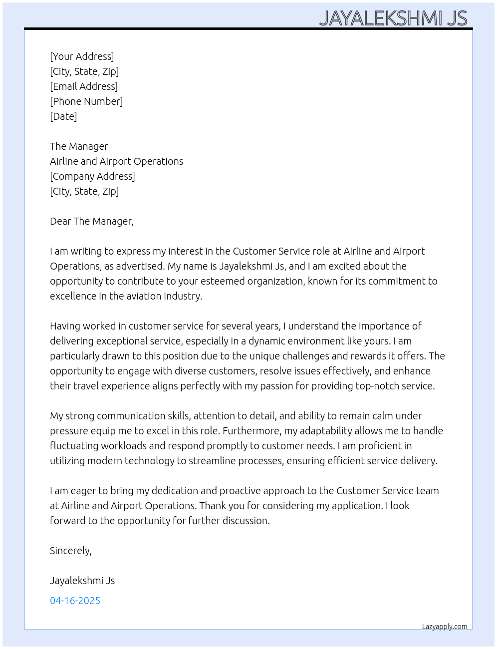 Customer Service Roles At Airline and Airport Operations  Cover Letter