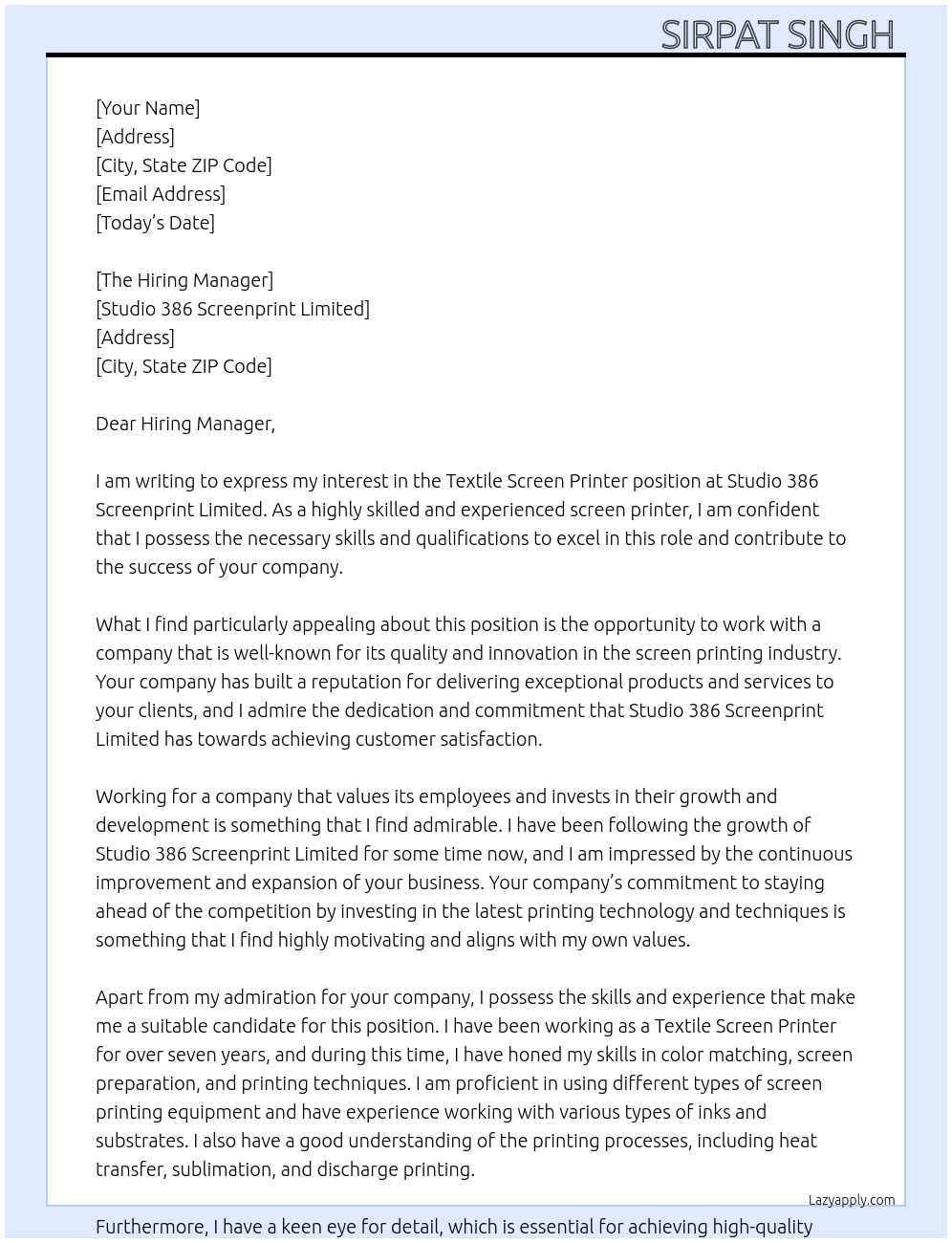 Cover letter for textile screen printer - LazyApply