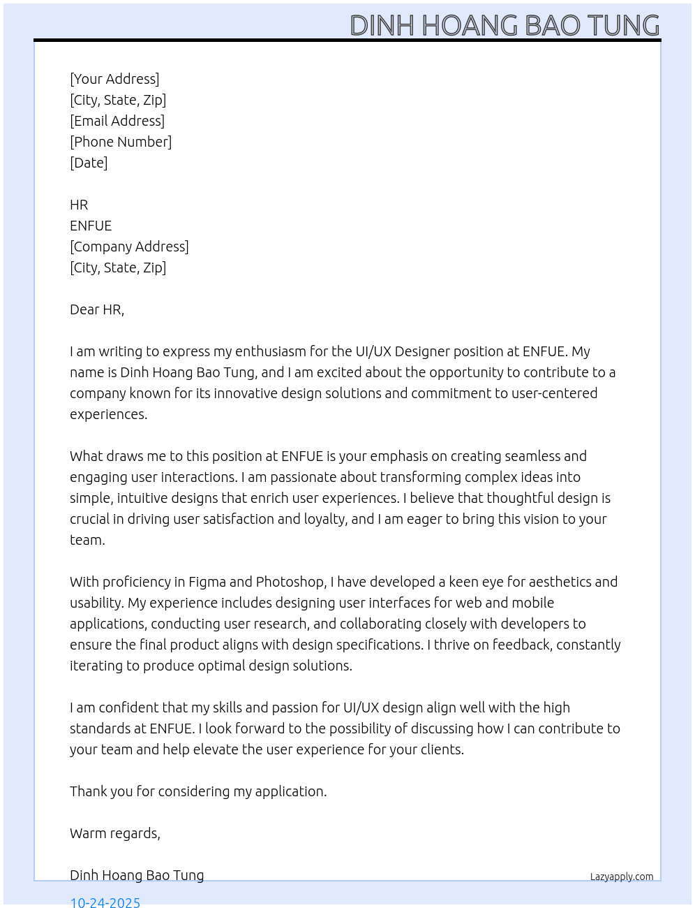 UI/UX designer At ENFUE Cover Letter