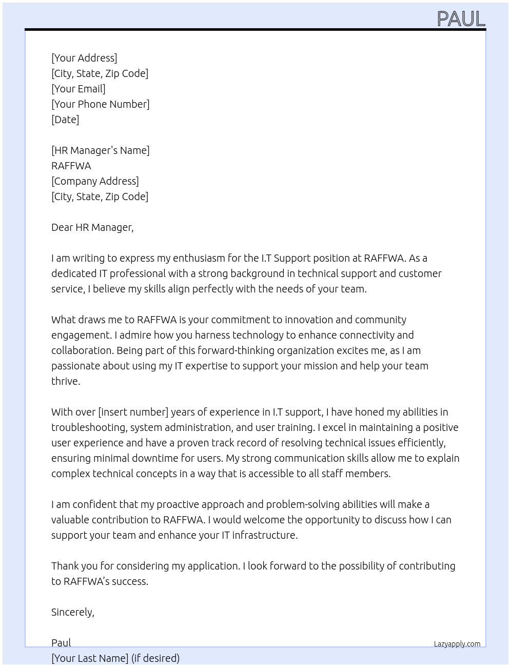 I.T Support At RAFFWA Cover Letter