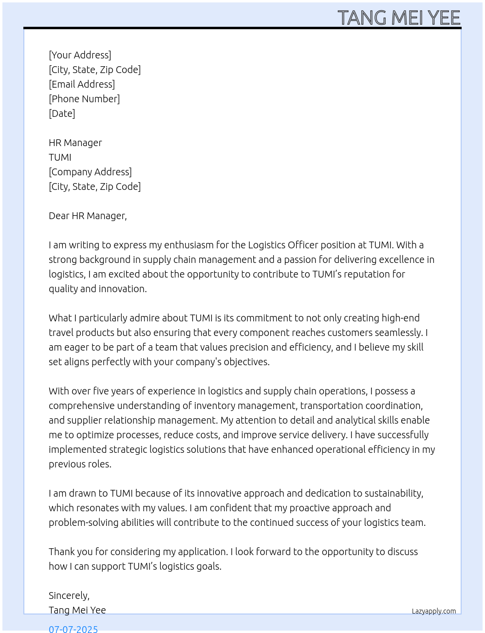 Logistics Officer At TUMI Cover Letter