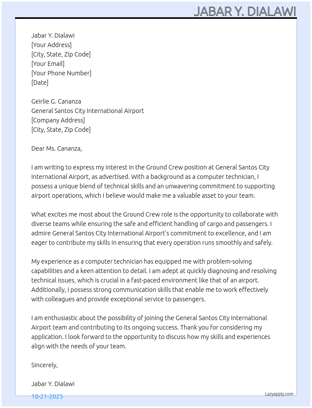 Ground Crew At General Santos City International Airport Cover Letter