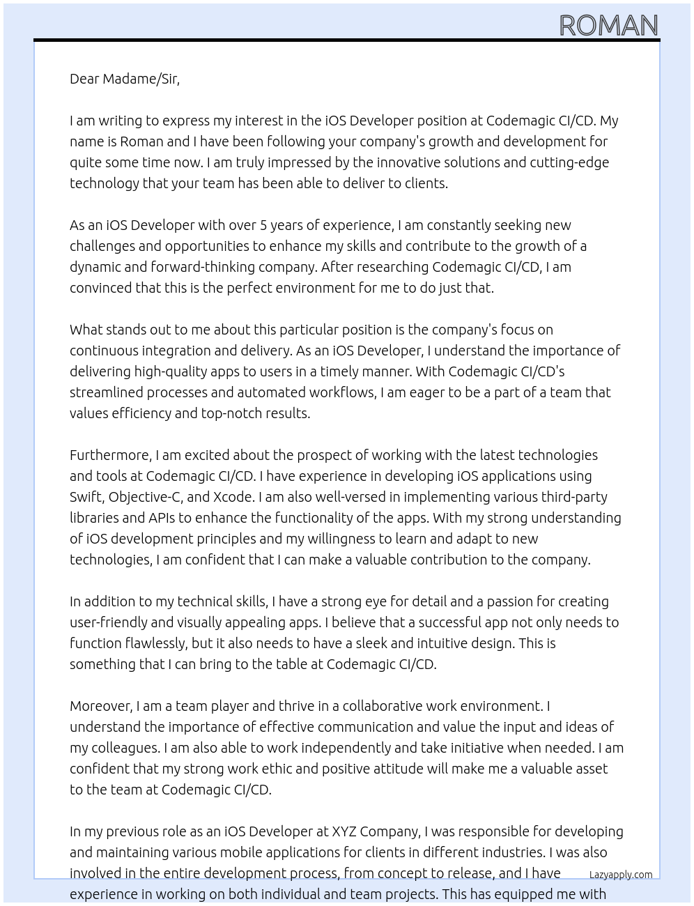 iOS Developer At Codemagic CI/CD Cover Letter