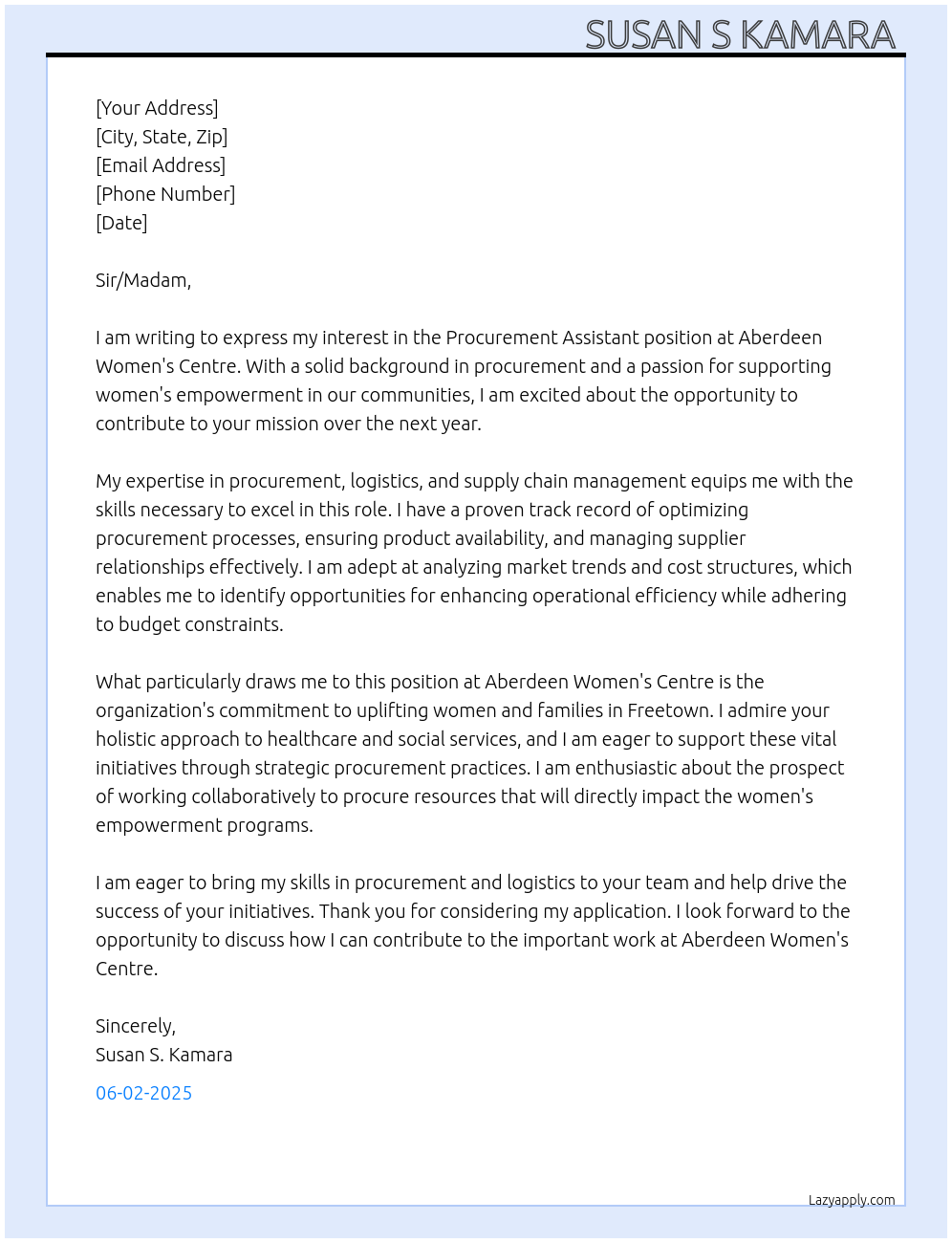 Procurement Assistant  At Aberdeen Womens’ Centre  Cover Letter