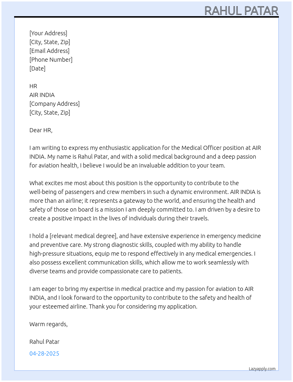 Medical Officer  At AIR INDIA  Cover Letter