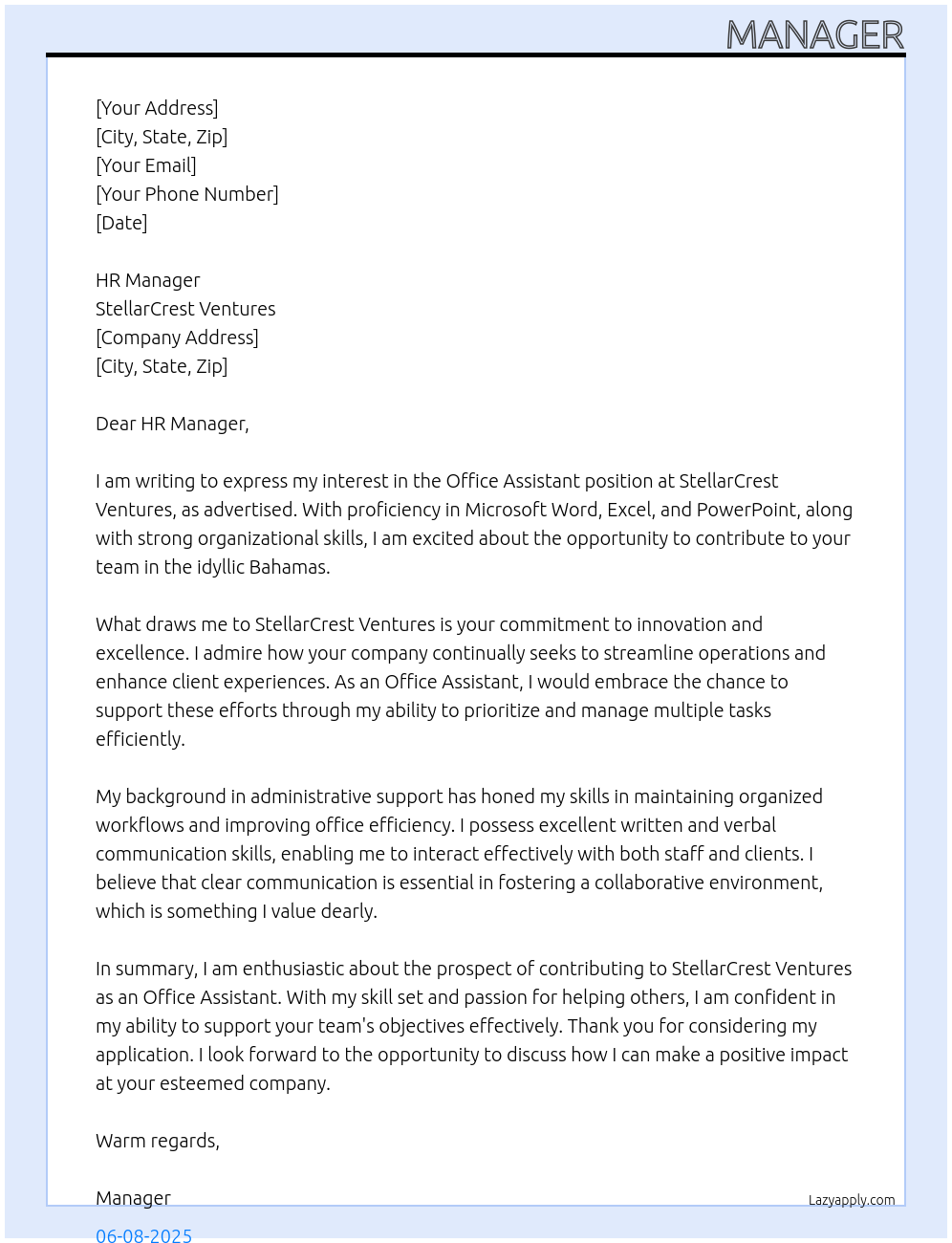 Office Assistant  At StellarCrest Ventures Cover Letter