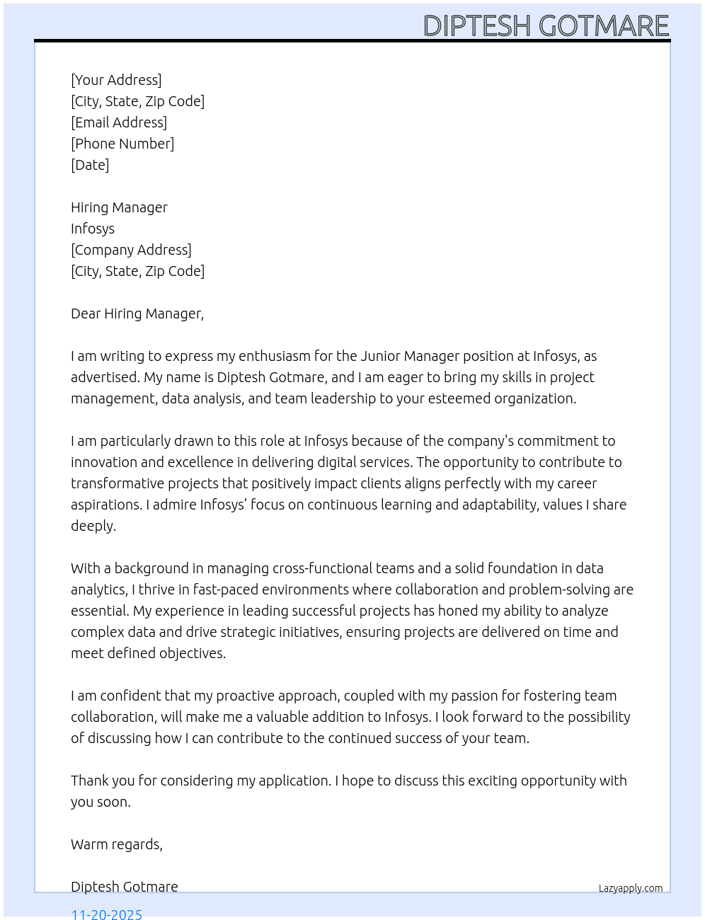 Junior manger At Infosys Cover Letter