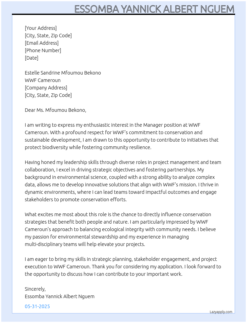 MANAGER At wwf cameroun Cover Letter