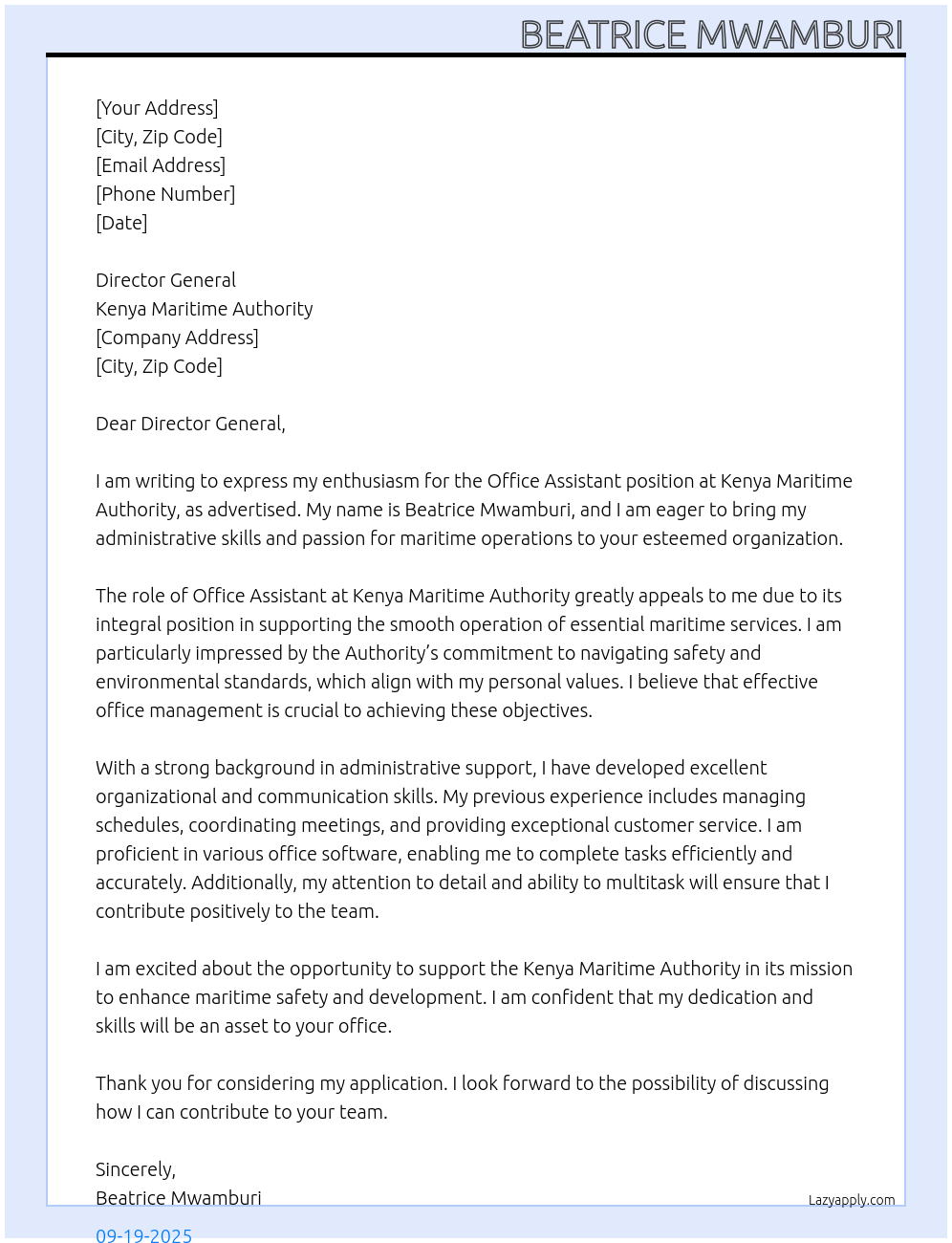 Office Assistant At Kenya Maritime Authority Cover Letter