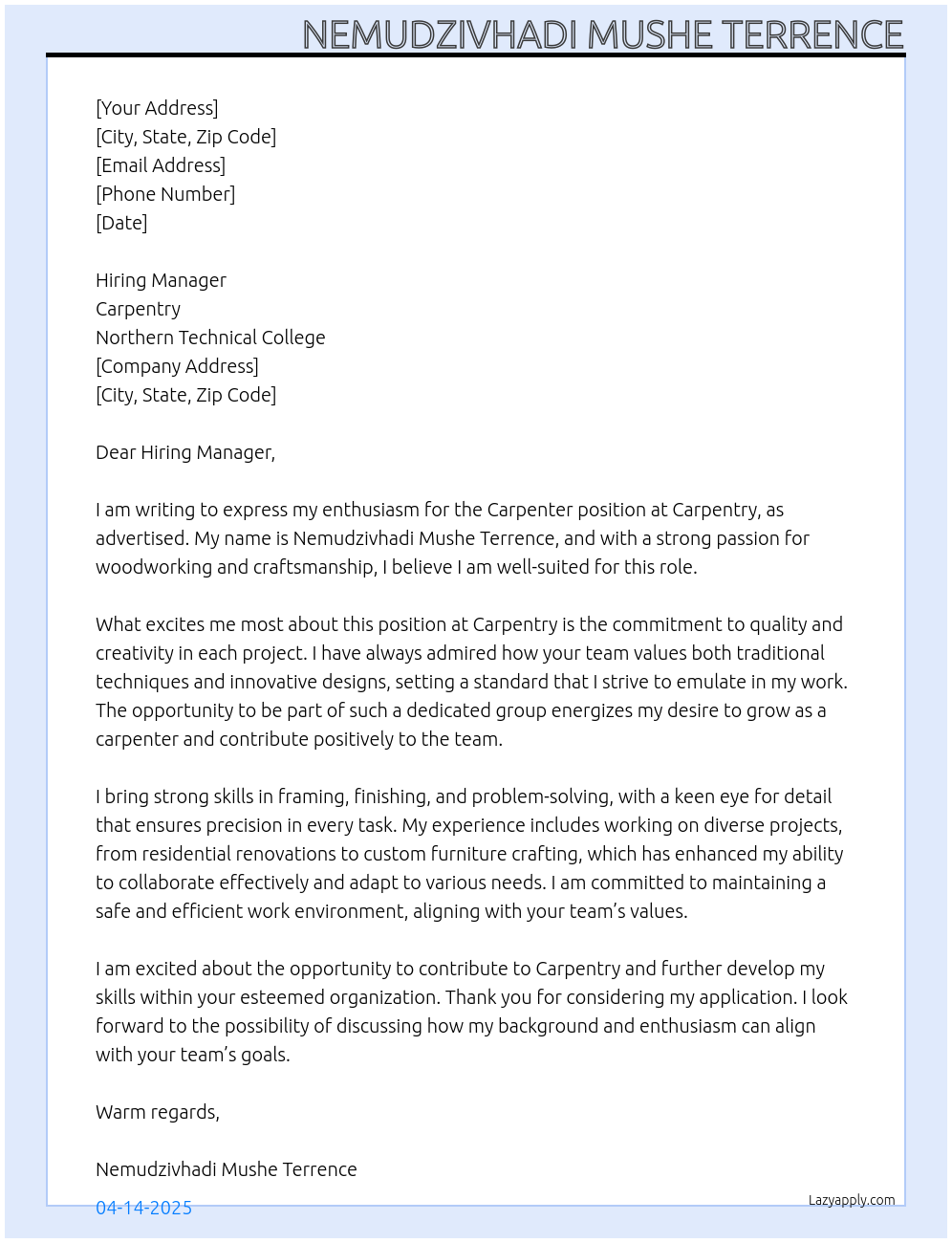 Carpenter At Carpentry Cover Letter
