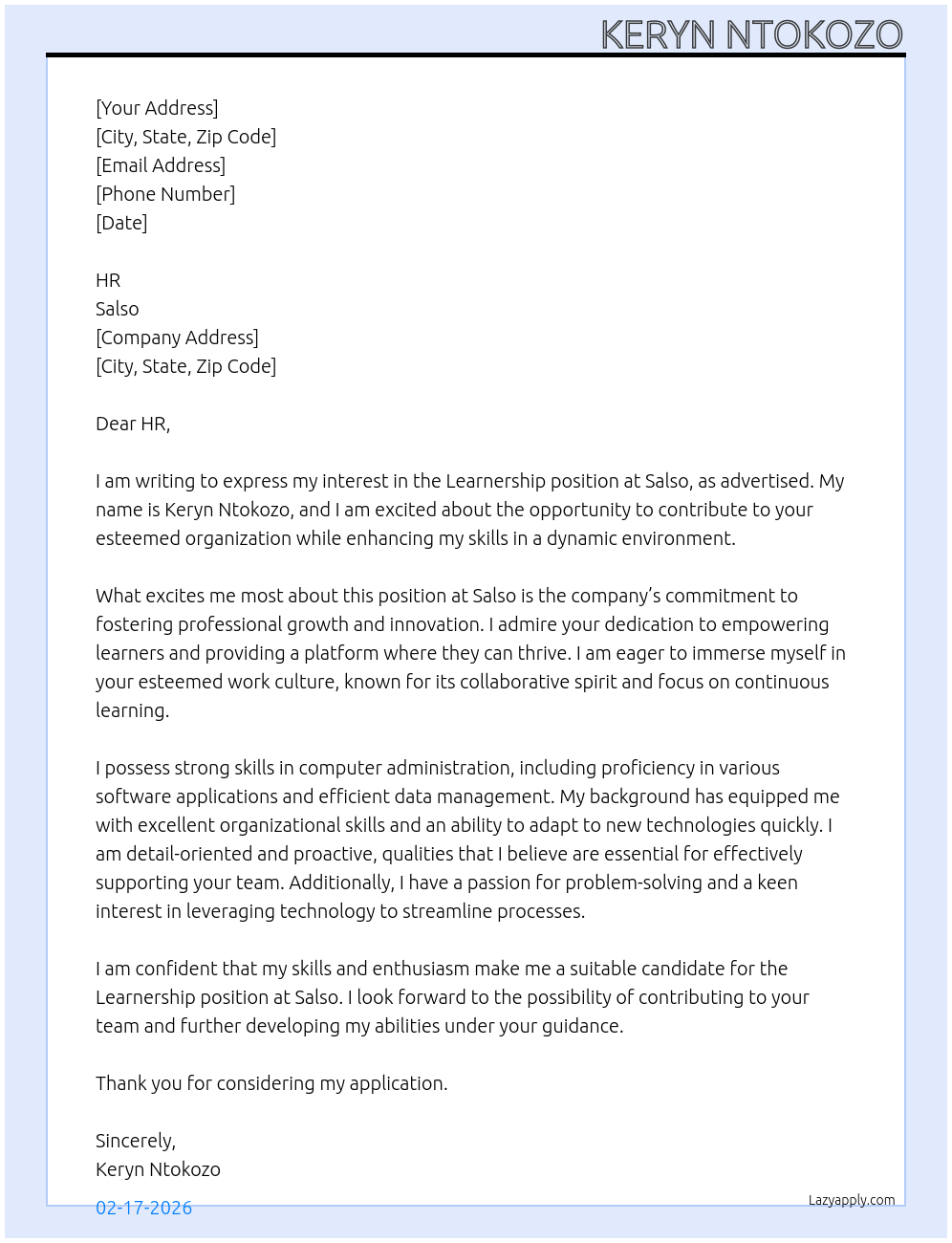 learnership At salso Cover Letter