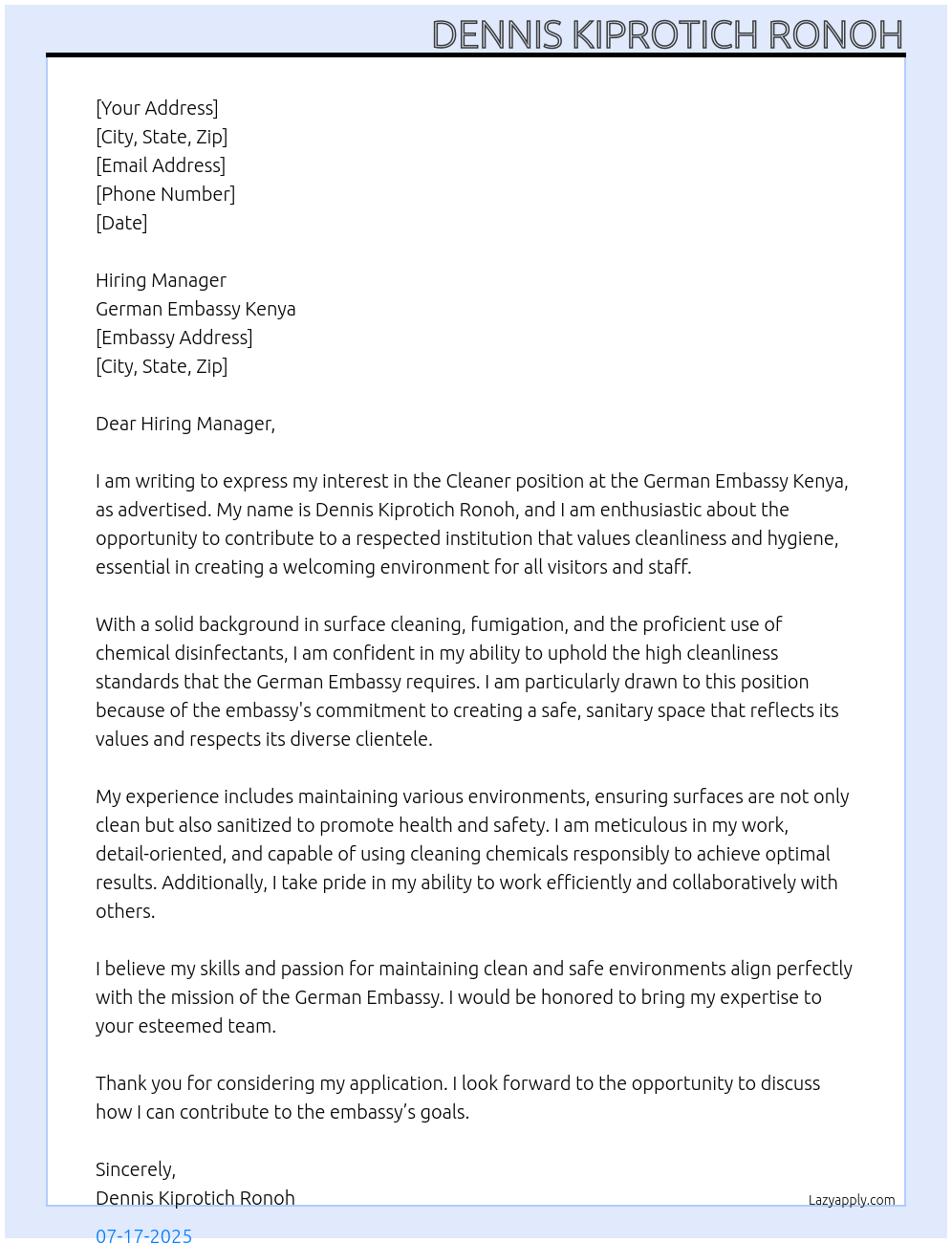 Cleaner At German Embassy kenya Cover Letter