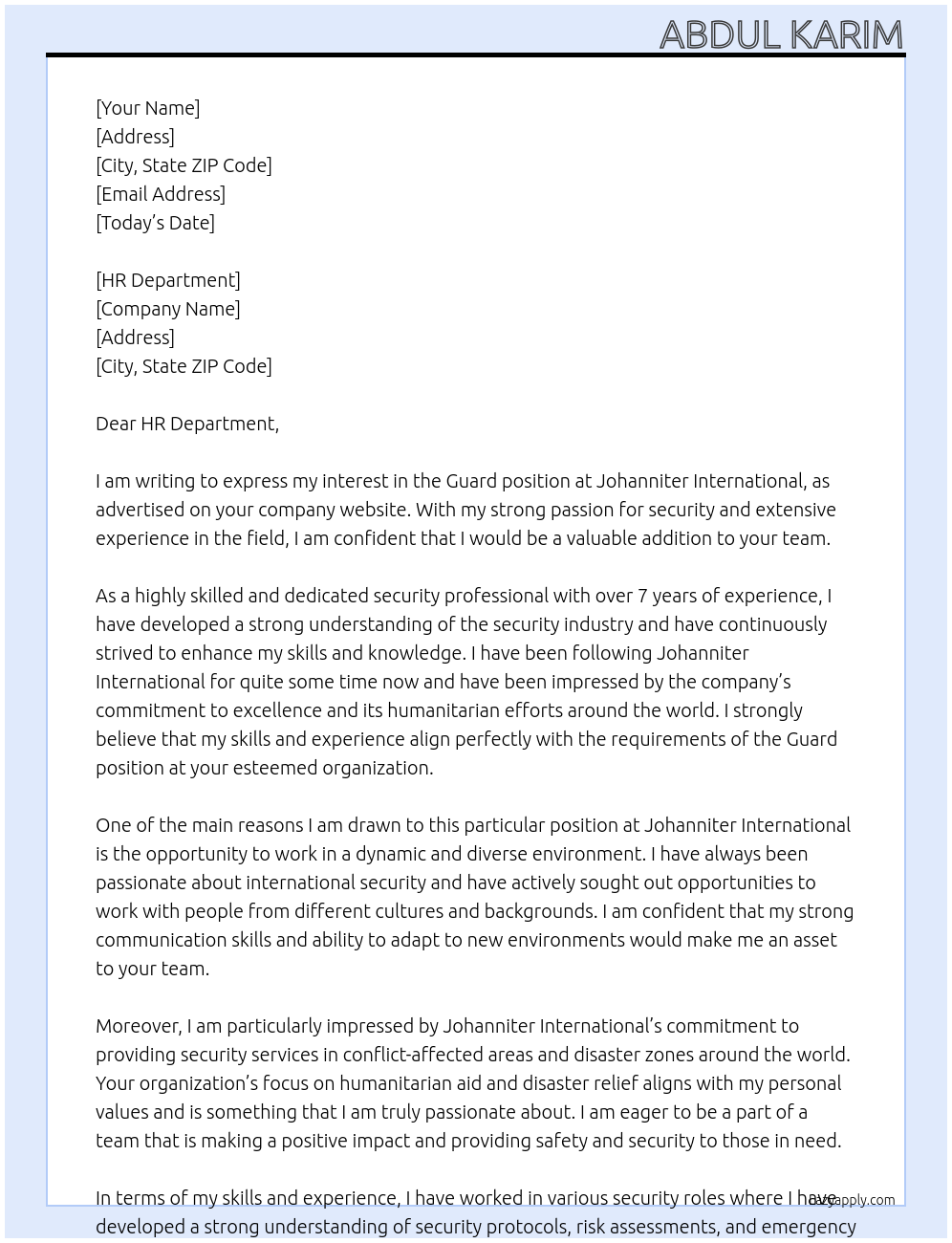 Guard  At Johanniter International Cover Letter