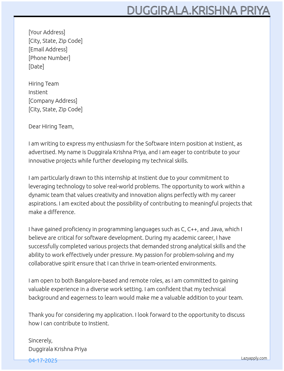 Software intern At Instient Cover Letter
