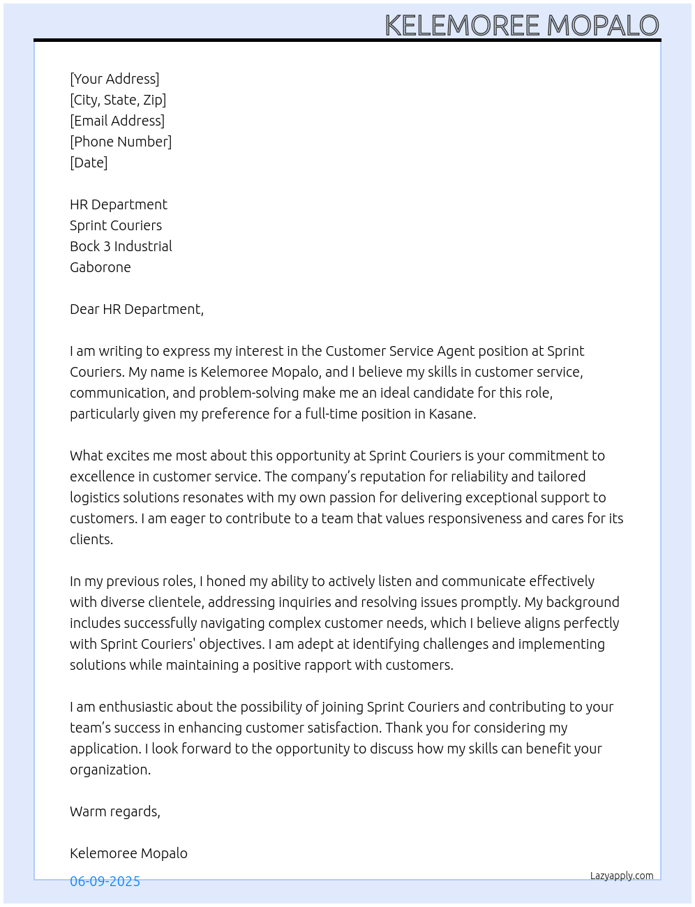 Customer Service Agent At Sprint Couriers, Bock 3 Industrial, Gaborone Cover Letter