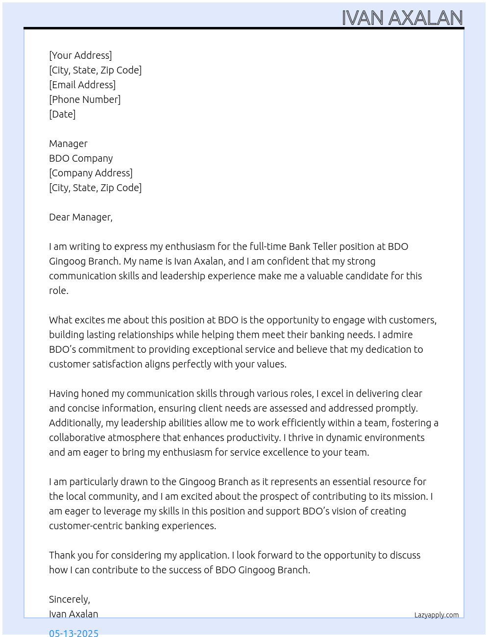 Bank teller At BDO Company Cover Letter