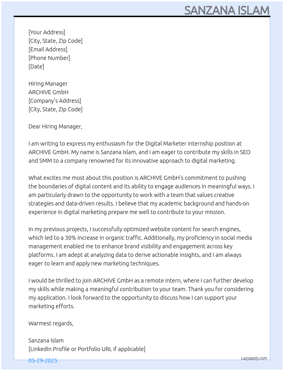Digital Marketer At ARCHIVE GmbH Cover Letter
