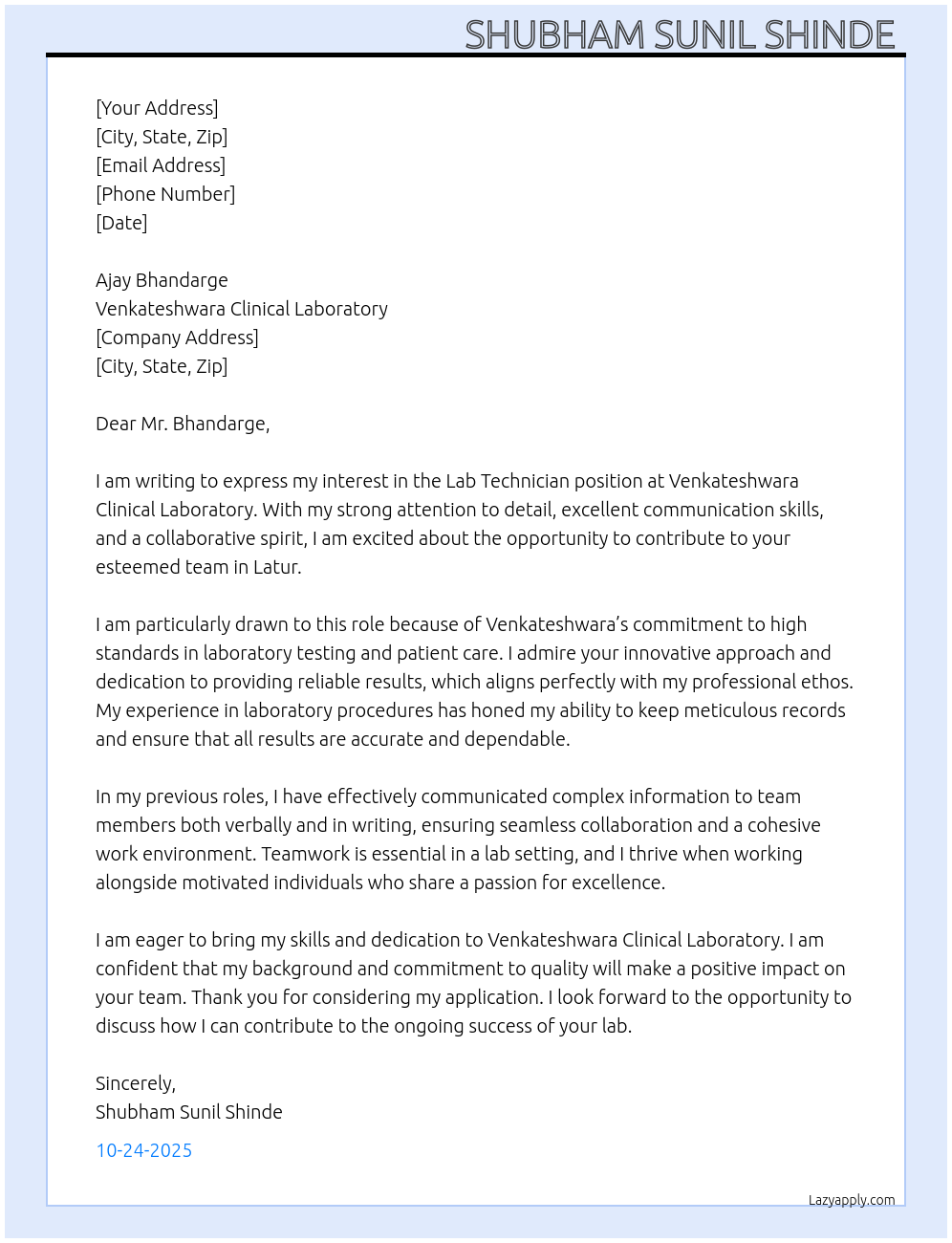 LAB TECHNICIAN At VENKATESHWARA CLINICAL LABORATORY Cover Letter