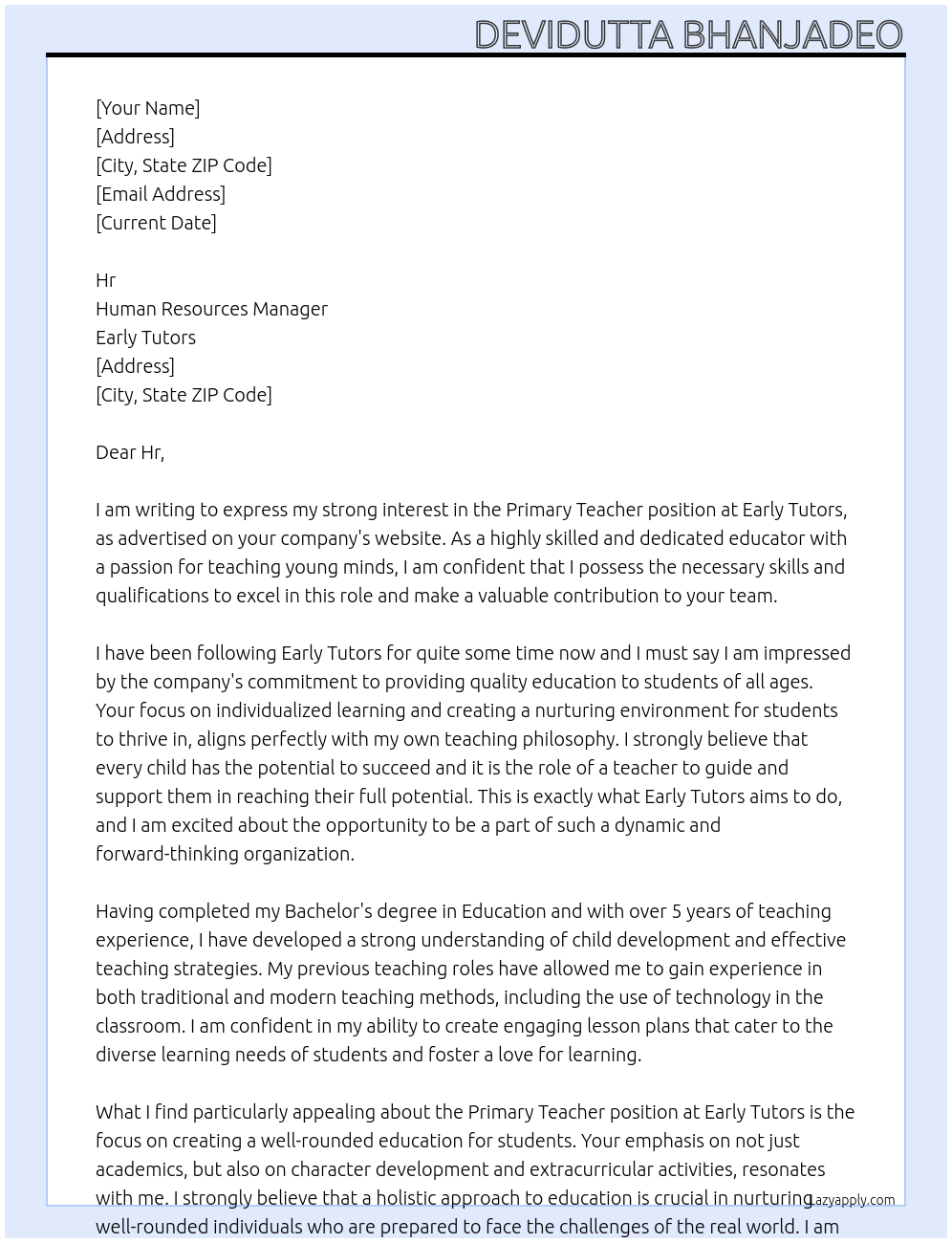 Primary Teacher At Early Tutors Cover Letter
