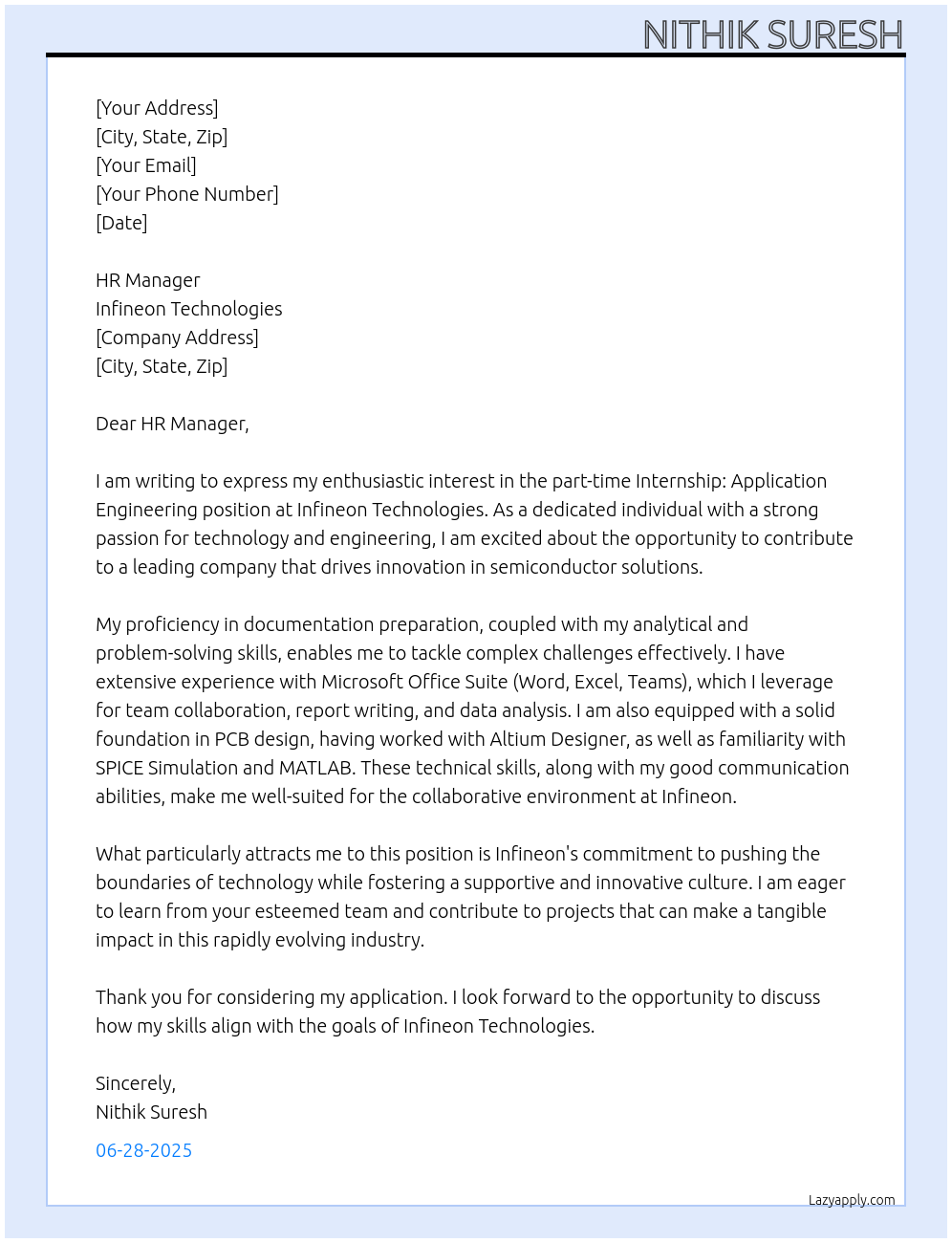 Cover letter for internship: application engineering - LazyApply