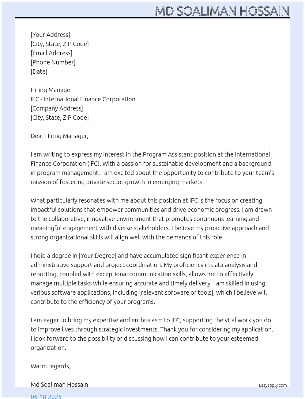 Program Assistant  At IFC - International Finance Corporation Cover Letter