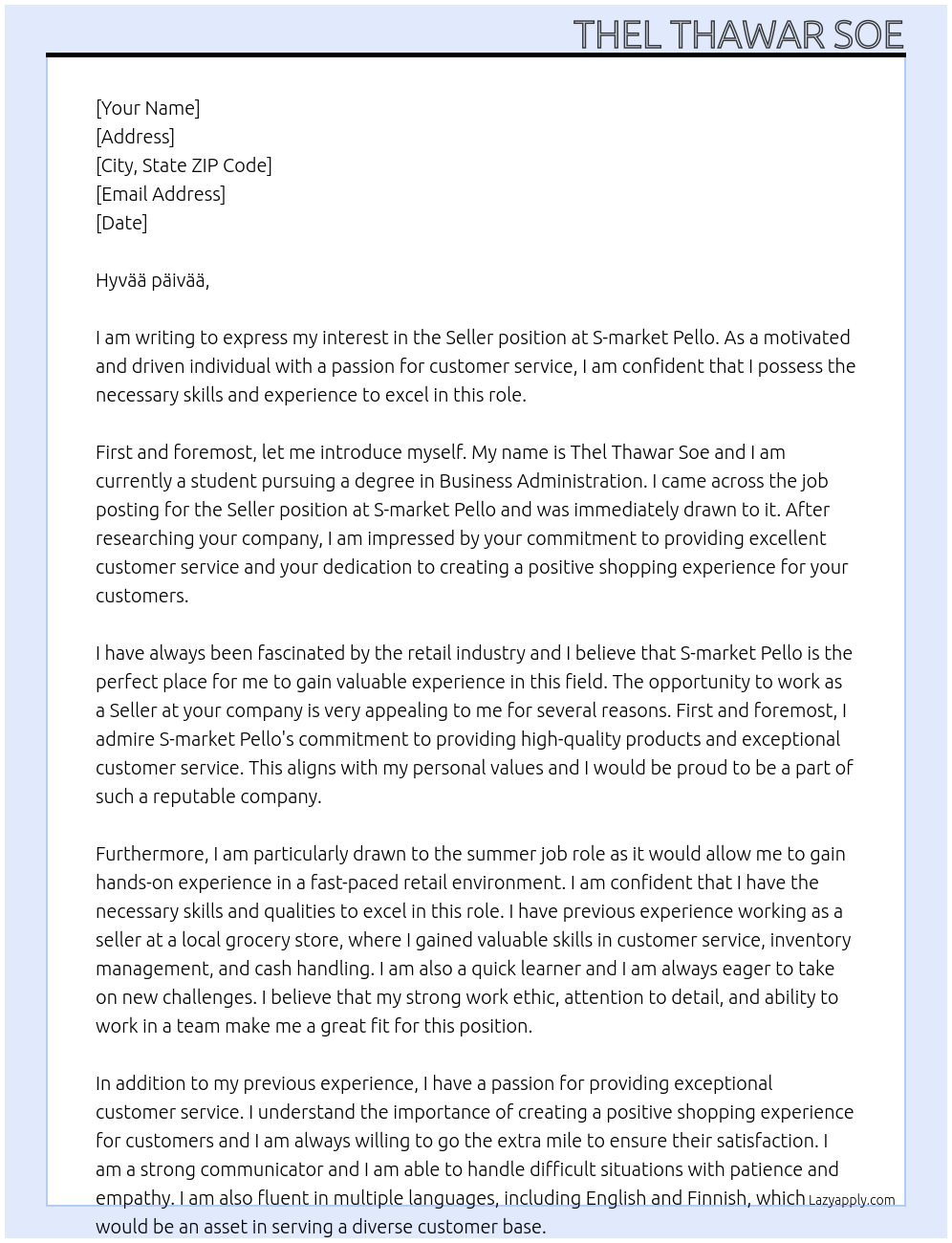 Cover letter for seller - LazyApply