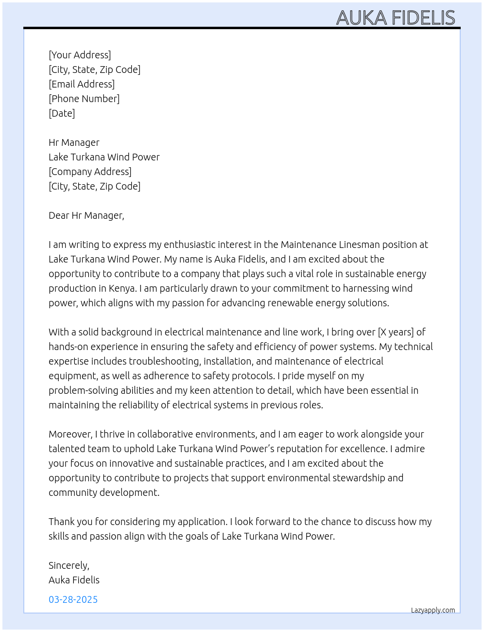 Cover letter for maintainance linesman - LazyApply