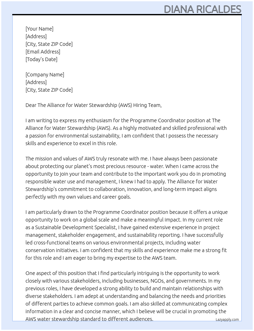 PROGRAMME COORDINATOR At ALLIANCE FOR WATER STEWARDSHIP Cover Letter