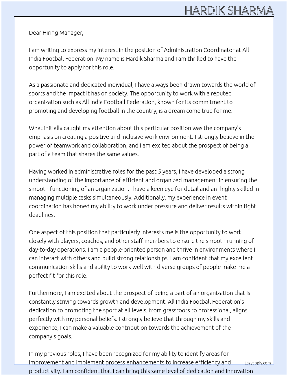 administration coordinator At All India Football Federation Cover Letter