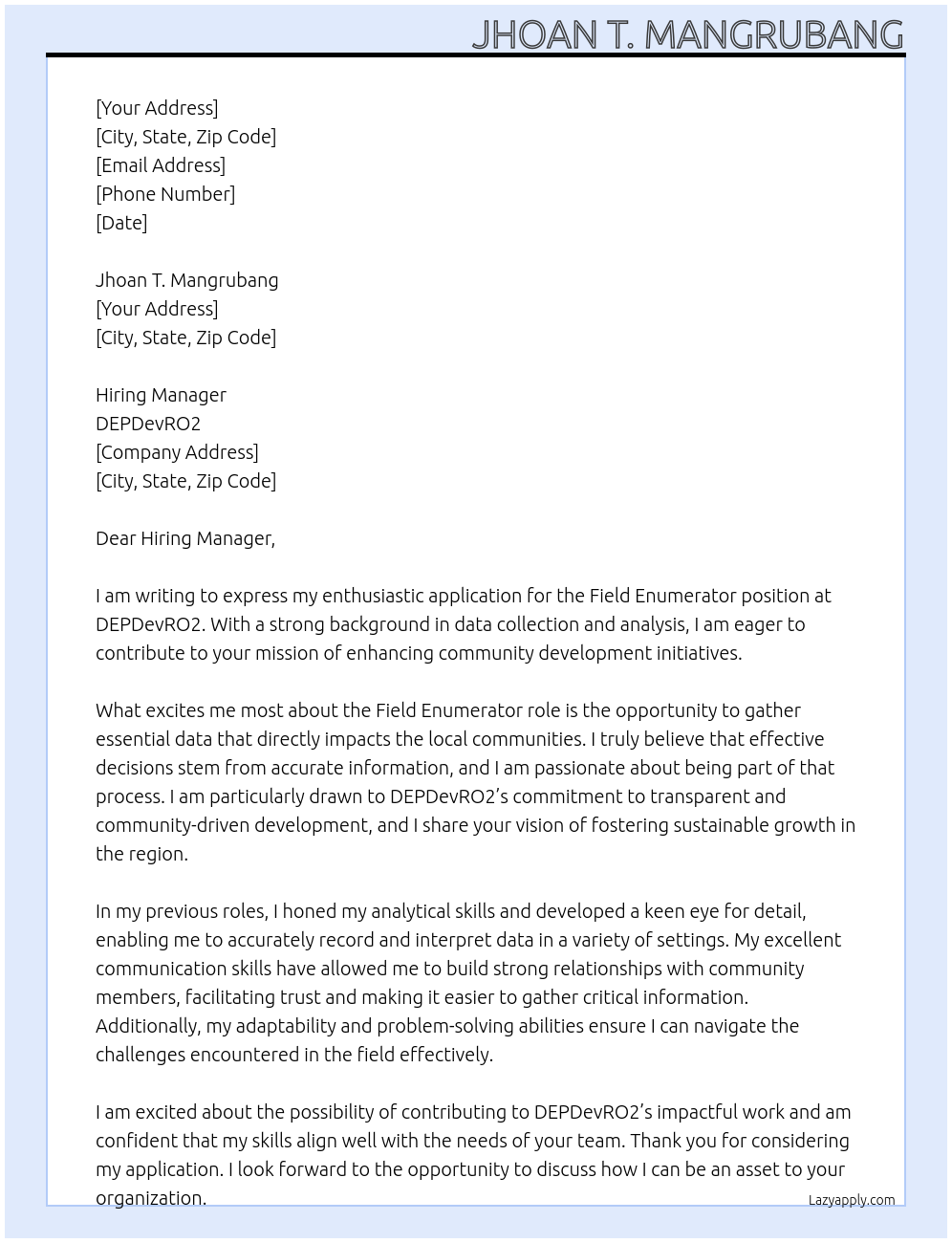 Cover letter for field enumerator - LazyApply