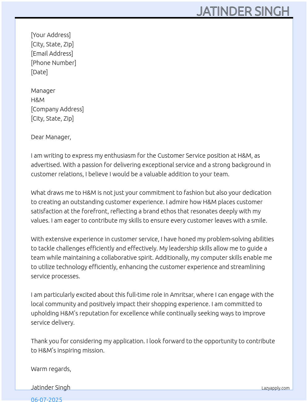 customar service At h&m Cover Letter